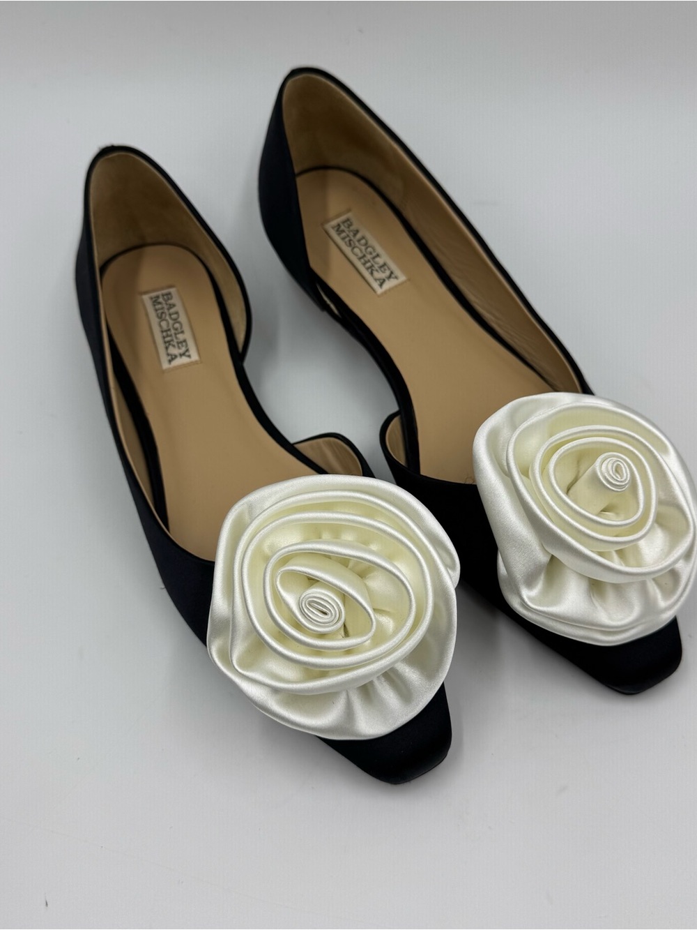 Badgley Mischka Black Flats with Ivory Satin Flower
